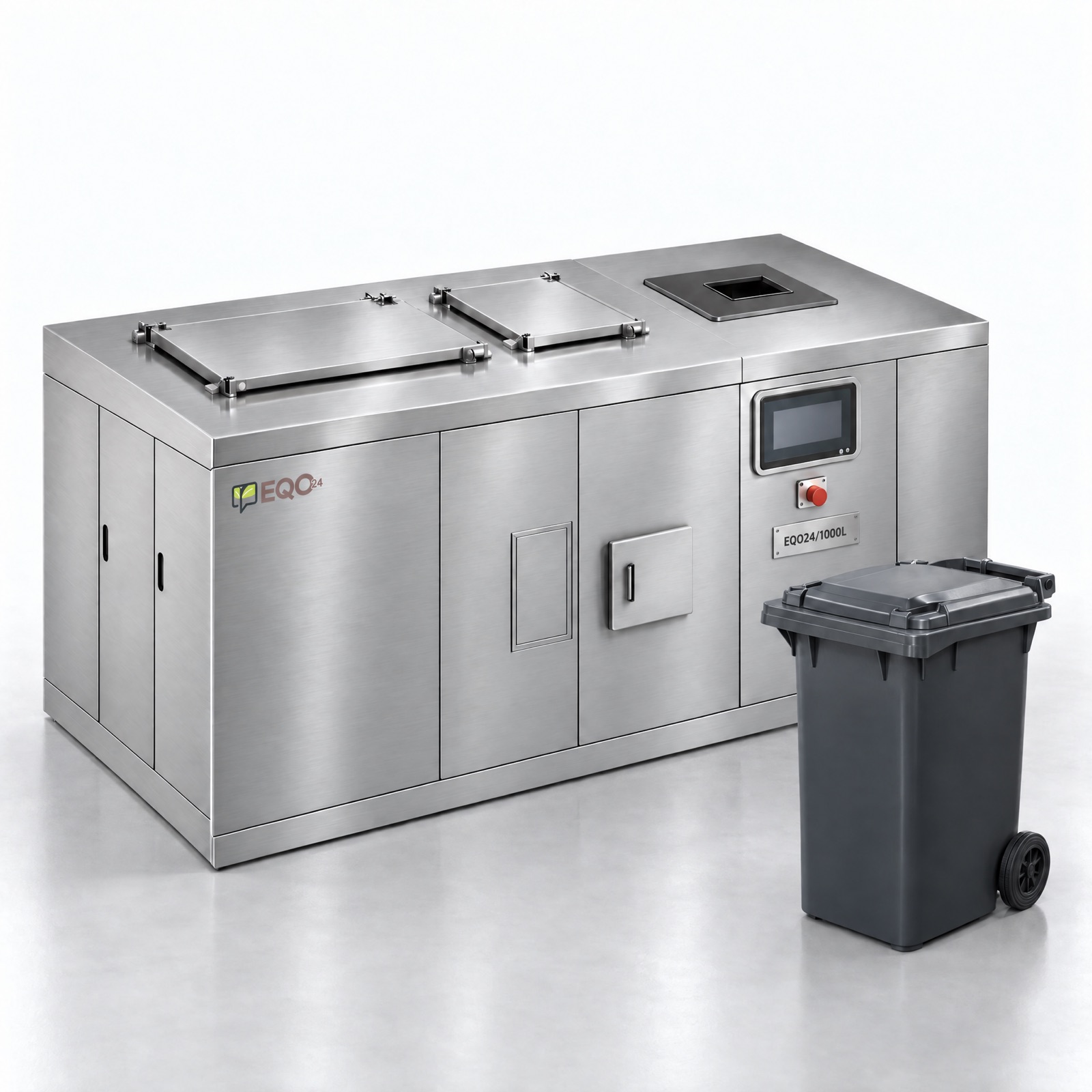 Product visualisation of EQO24/1000L in stainless steel with EQO24 logo, control screen and nameplate, beside a 240 L wheelie bin for size comparison