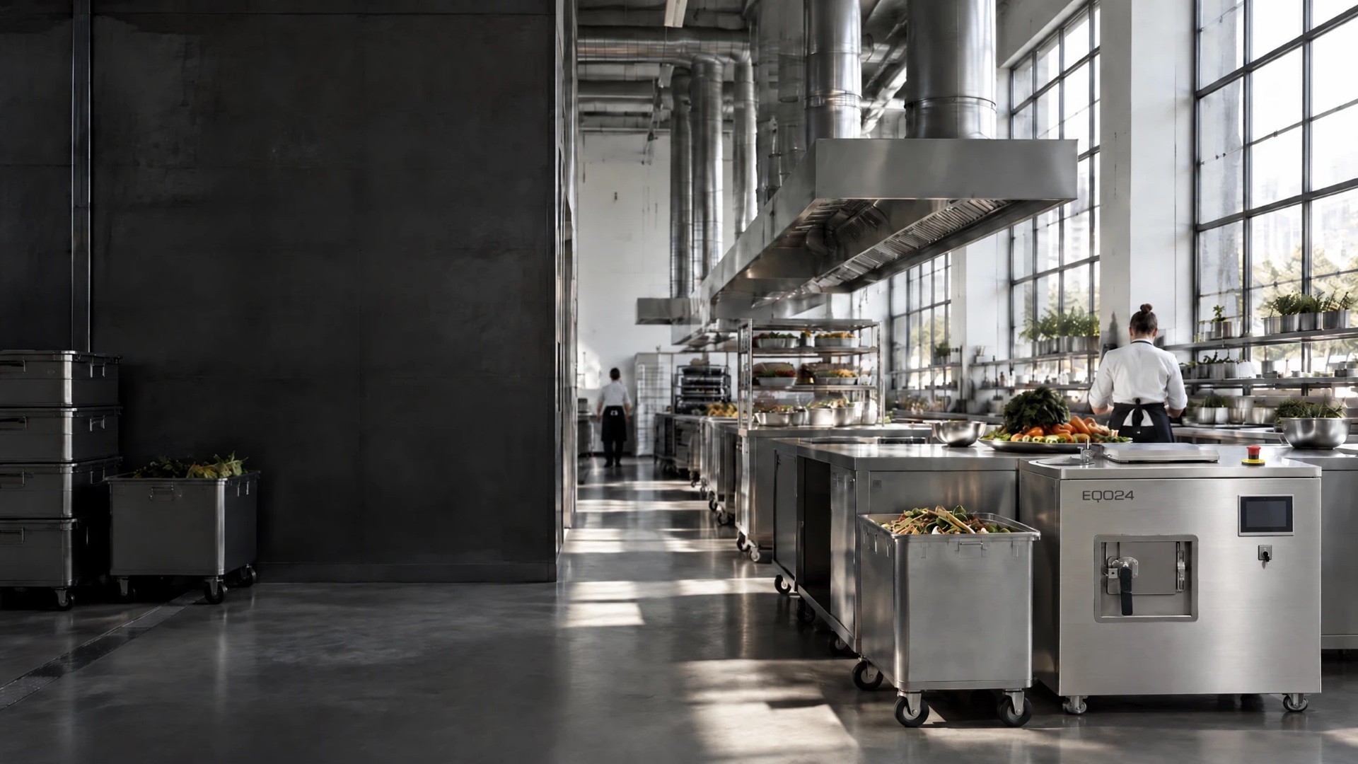 Visualisation of the EQO24/300L standing beside a waste trolley in a commercial kitchen