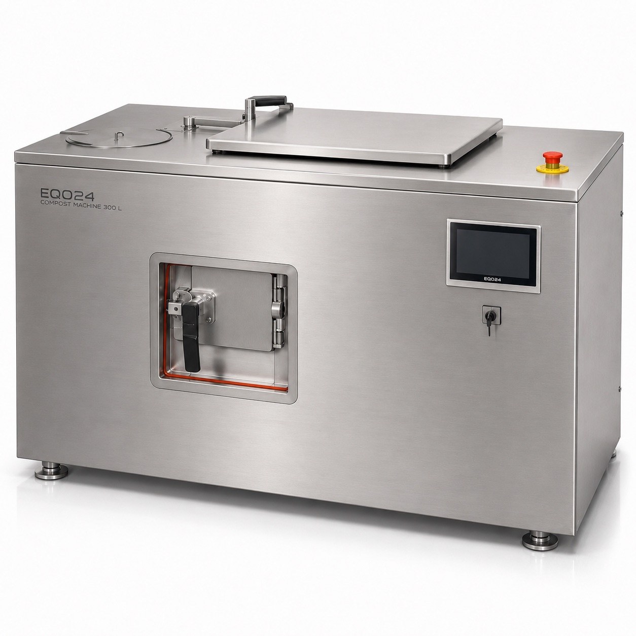 Product visualisation of the EQO24/300L in stainless steel with control screen and process tank