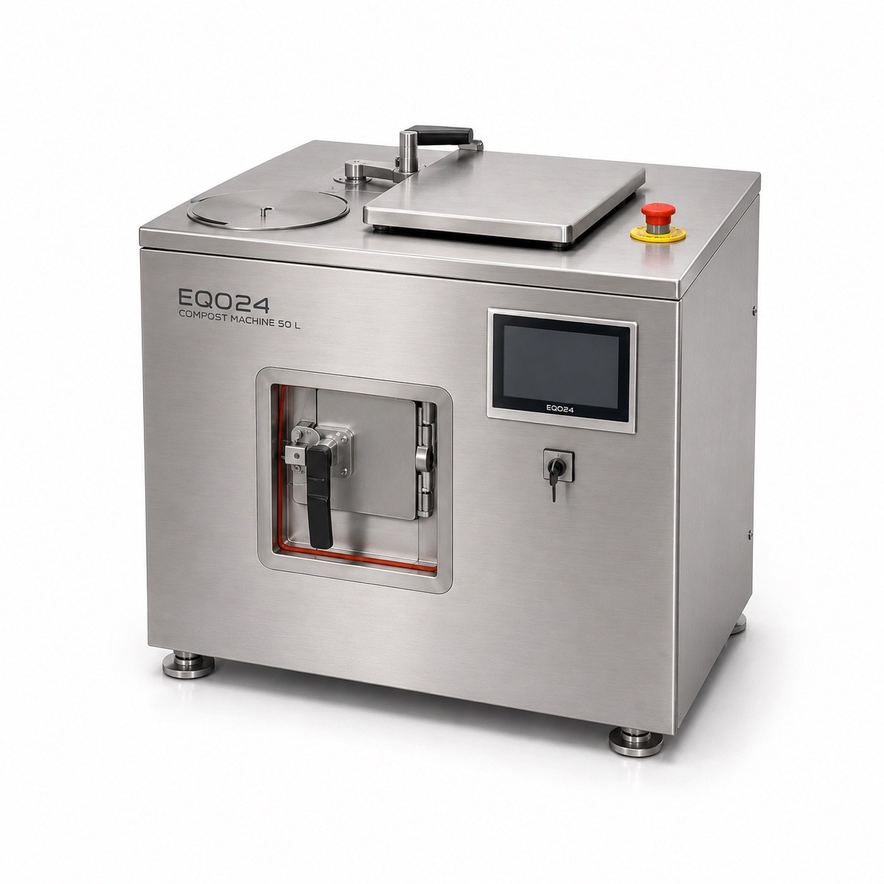 Product visualisation of the EQO24/50L in stainless steel with control screen and process tank